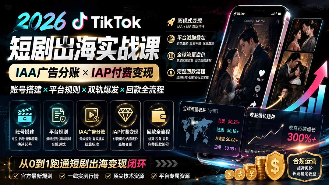 2026TikTok短剧出海实战课：IAA广告分账×IAP付费变现×账号搭建×平台规则×双轨爆发×回款全流程-niguangts