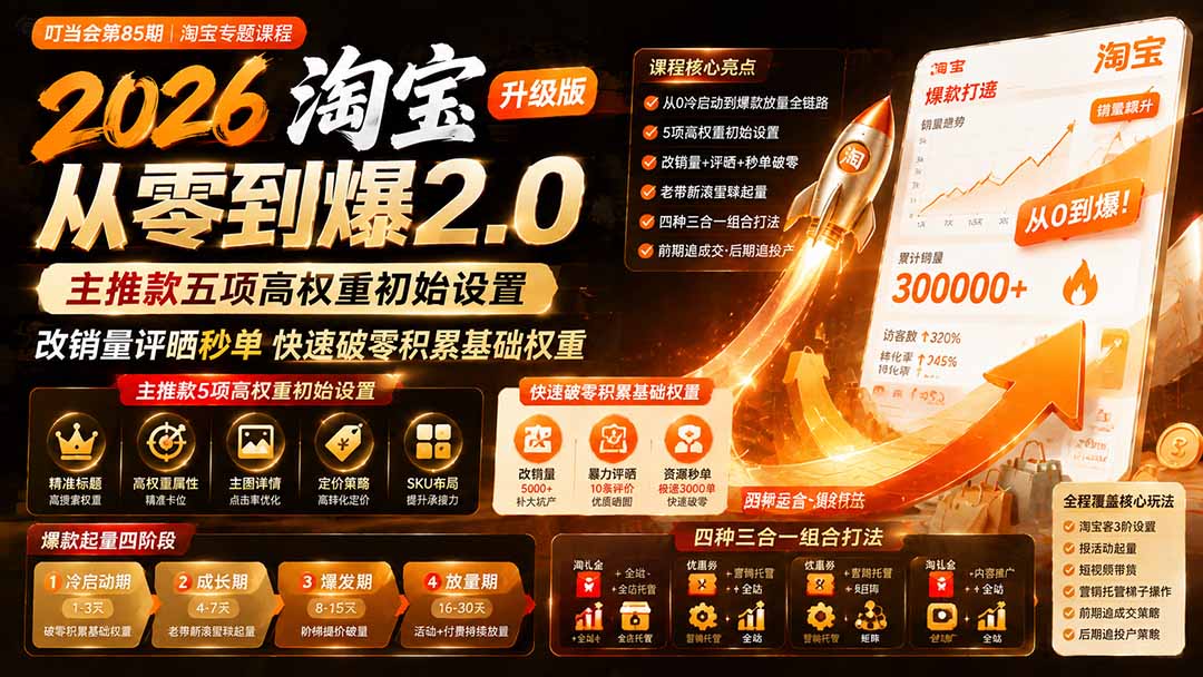 2026淘宝从零到爆2.0第85期；主推款五项高权重初始设置，改销量评晒秒单快速破零积累基础权重-niguangts